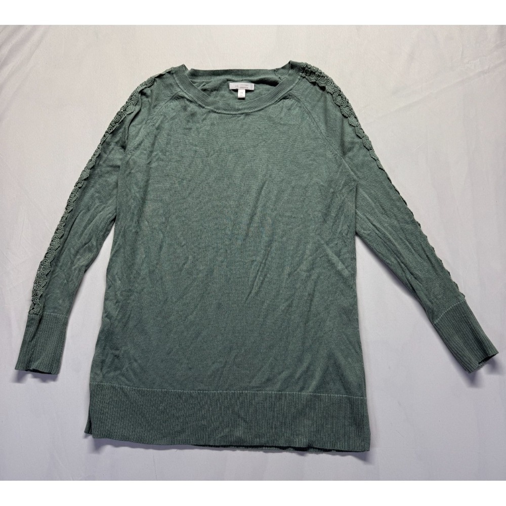 LC Lauren Conrad Tunic Sweater Women M Sage Green Tight Knit Lace Crochet Detail